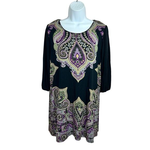 Cha Cha Vente Boho Tunic Top Sz XL Paisley 38/4 Sleeve Blouse Bohemian Long Fit - Picture 2 of 6